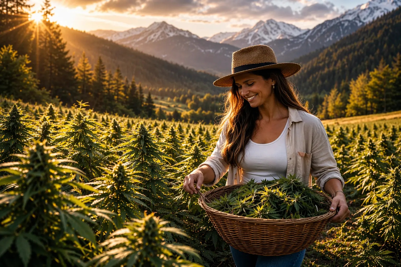 Cannabis-Ernte im Gurktal bei Sonnenuntergang