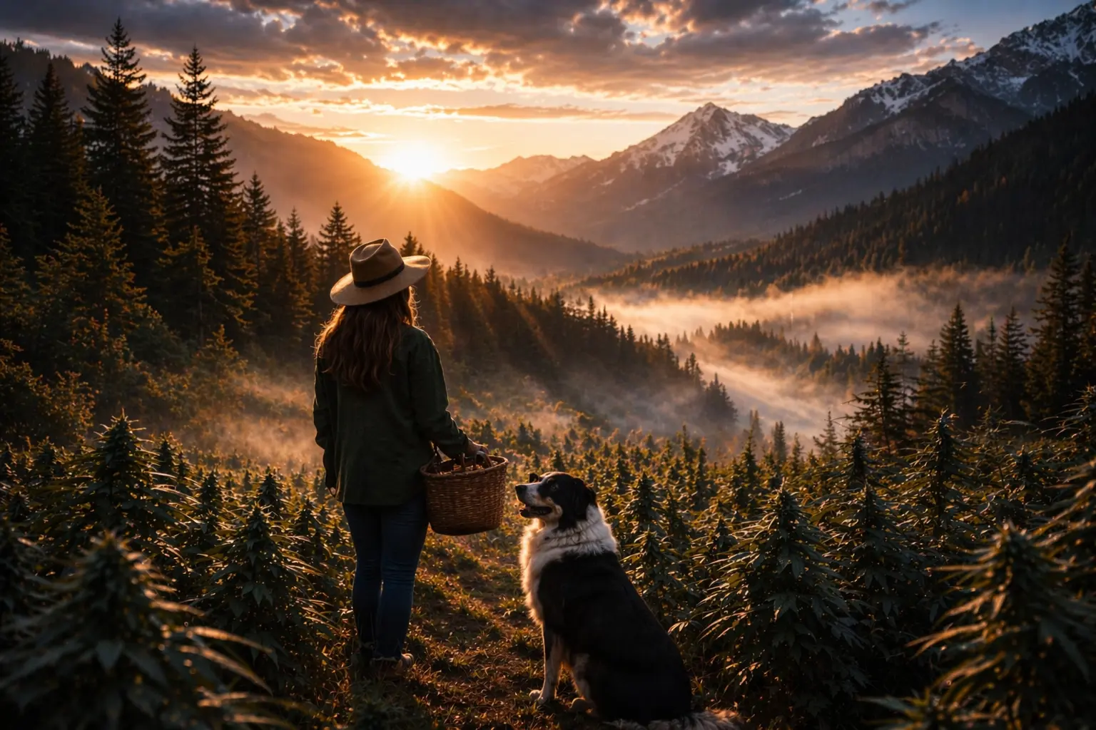 Blick über Cannabis-Felder mit Bergpanorama